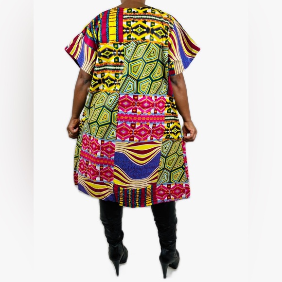 Multicolor Patchwork Design Notch Neck Cotton Midi Shirt Dress - Picture 4 of 4